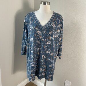 J Jill Womens Plus 3X Blue Floral Tunic Top Cotton Blend V Neck 3/4 Sleeve Shirt